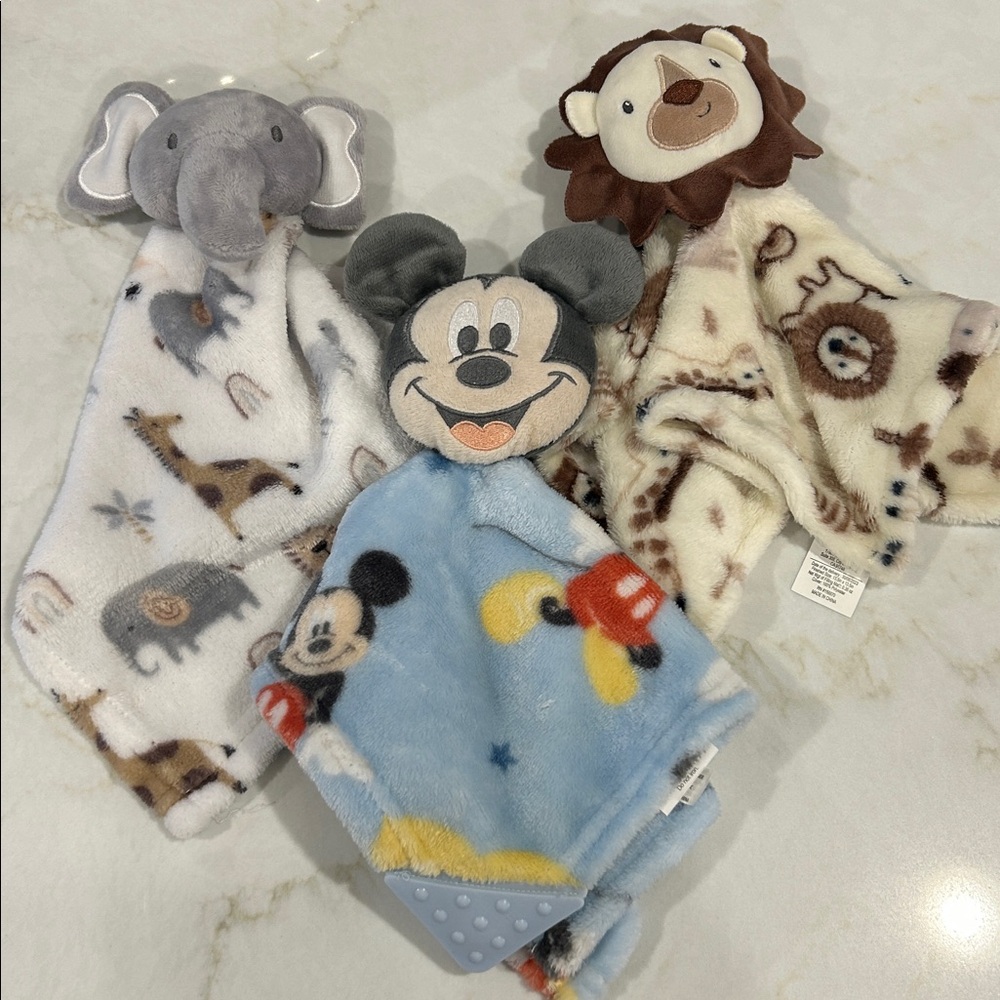 Lot of 3  Mickey Mouse ,Lion, Elephant Plush Security Blankets‎ 12x12 Baby